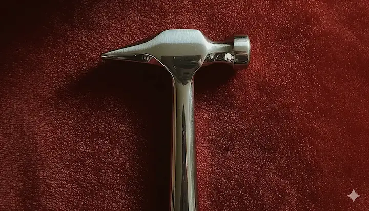 A fully chromed, designer hammer placed on a carpet.